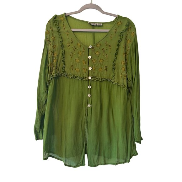 Vintage Boho Chic Green Embroidered Button-Down Tunic Top By CGNY Long Sleeve - Picture 2 of 14